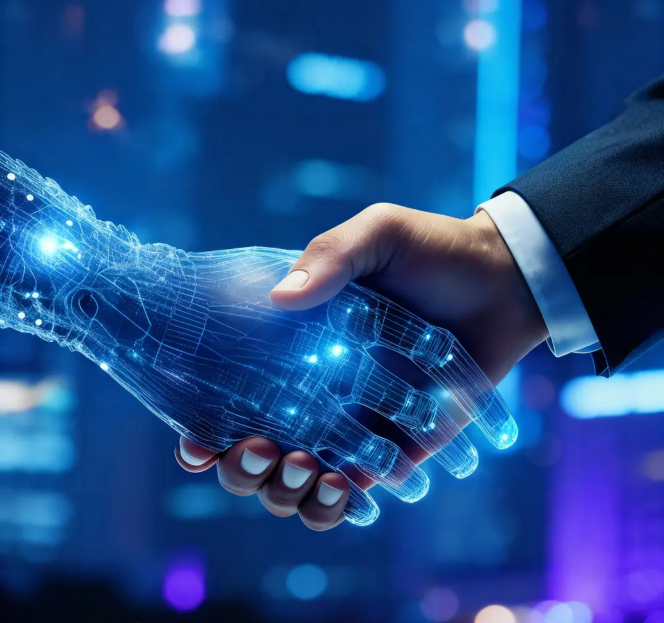 Stretta di mano tra umano e mano digitale che rappresenta collaborazione tra tecnologia e imprese.
