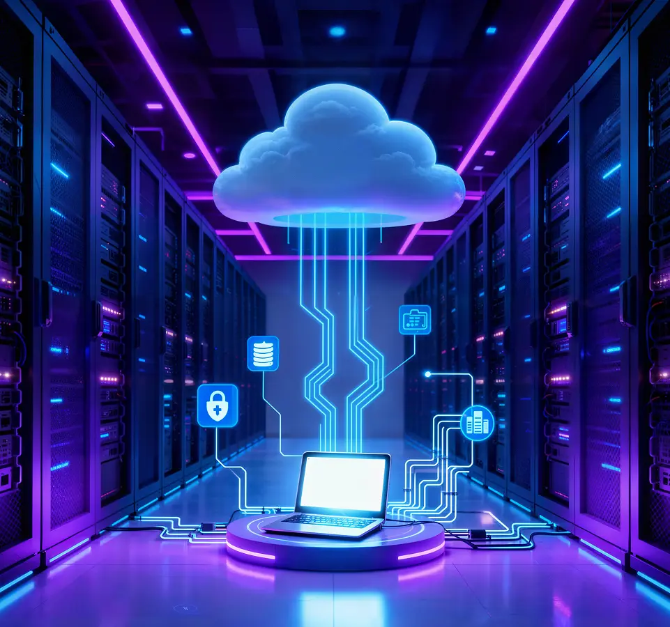 Infrastruttura cloud con server e connessioni digitali che rappresentano sicurezza e tecnologia avanzata.
